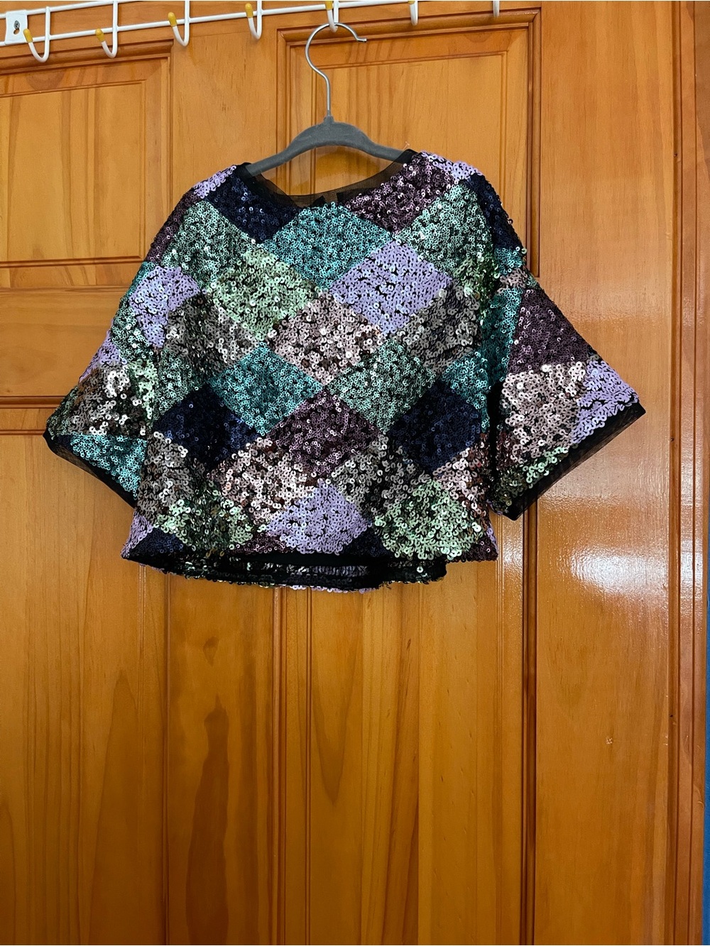 Next Sequin Patchwork Crop Top in Teal, Lavender, Navy & Silver
